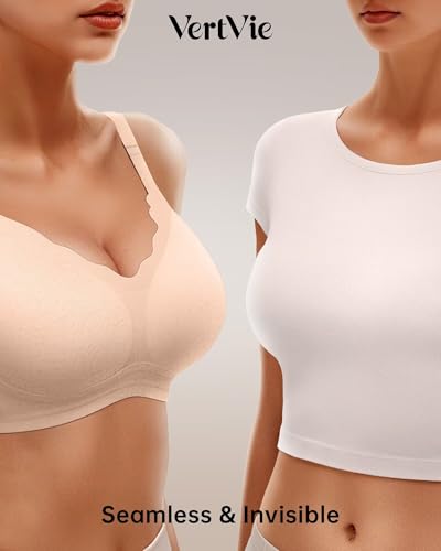 Image of Vertvie Women Seamless Jelly Bras No Underwire Supportive Wireless Push Up Full Coverage Bralette Comfy Scalloped T-Shirt Bra