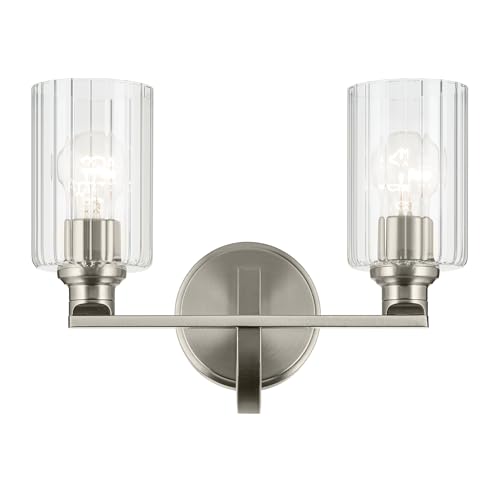 Image of Kichler Gioe 14.25 inch 2-Light Bathroom Vanity Light Fixture with Clear Fluted Glass in Brushed Nickel, Damp Rated for Bathroom Over Mirror (14.25 inch W x 10.5 inch H), 55225NIFLU
