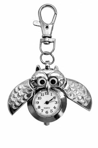 Image of AKORD Vintage Metal Owl Pocket Watch Necklace and Keyring – Squeeze to Open Winged Pendant – Silver Owl Design Analogue Watch for Adults – Stylish Jewellery Accessory with Key Chain