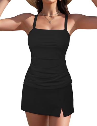 Women's Two Piece Tankini Sets Vintage Tummy Control Swimsuit Trendy Side Split Bathing Suit Push up Swimdress