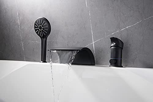 Waterfall Roman Tub Faucet Matte Black Three Holes Single Handle With Tub Filler With Hand Shower High Flow #TOP1