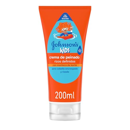 Johnson’s Kids Crema de peinado rizos definidos (200 ml), acondicionador pelo rizado con manteca de karité, 24 h de definición e hidratación, crema rizos para el pelo encrespado de los niños