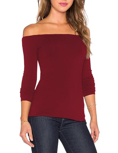 Image of Sarin Mathews Women's Sexy Off The Shoulder Tops Long Sleeve Slim Fit Stretchy Shirts Blouses Top