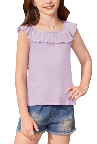 Image of BesserBay Girls Summer Ruffle Trim Square Neck Knit Ribbed Tank Top Cute Strechy Sleeveless Trendy Tee Shirt 5-14 Years