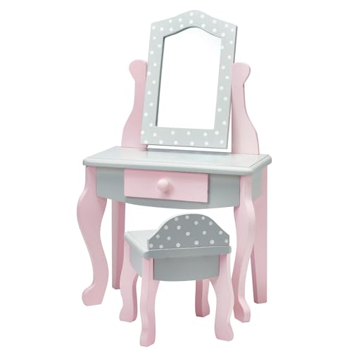 Olivia's Little World Coiffeuse de poupée Poupon avec Tabouret Miroir en Bois Jeu Enfant Grise à Pois Blanc TD-0207AG