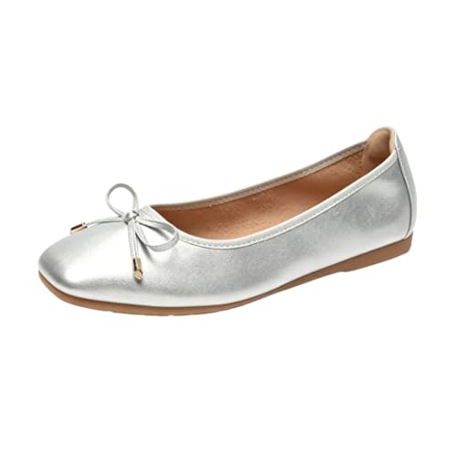 HRGKLMN Bailarinas de Mujer Elegantes con Lazo, Zapatos de Ballet Suaves con Apariencia de Cuero, cómodos Mocasines clásicos Planos para Trabajo, Ocio, Fiesta y Boda,Silber,38 EU