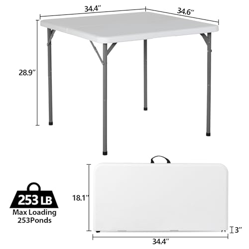 SUPER DEAL 3 Foot Square Folding Card Table, Indoor Outdoor Portable Plastic Heavy Duty Fold-in-Half Puzzles Camping Picnic Party Table with Carrying Handle, White