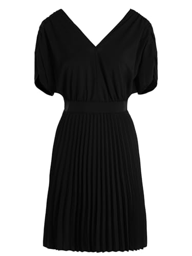 Women's V Neck Pleated Mini Dress Dolman Short Sleeve High Waisted A Line Work Dresses