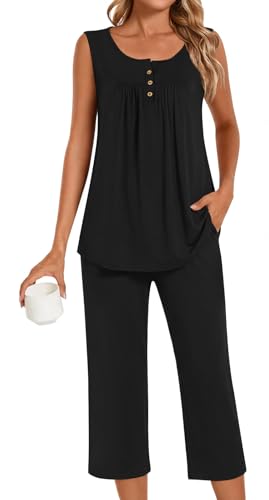 Image of Bestbee Women's Sleeveless Pajama Sets 2 Piece Sleepwear Summer Lounge Outfits Henley Tanks Capri Pants Ladies Pjs