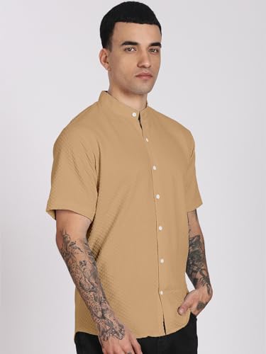 Image of Men's Regular Fit Solid Casual Shirt - Short Sleeve, Mandarin Collar, Lightweight Polyester, Stylish Everyday Wear