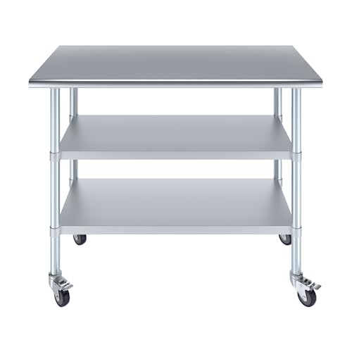 Image of AmGood Stainless Steel Work Table with 2 Shelves and Casters | Metal Utility Table On Wheels (Stainless Steel Work Table with 2 Shelves + Casters, 48 inch Long x 24 inch Deep)