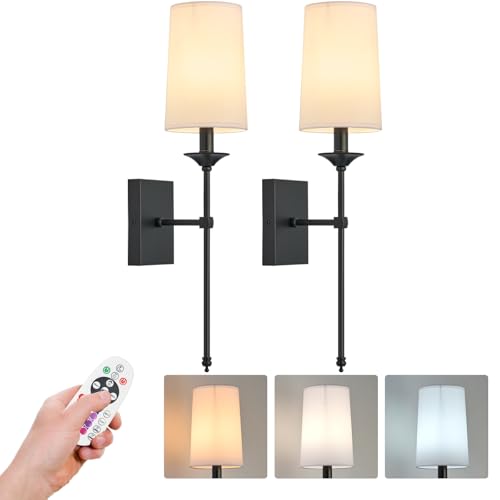 Image of Rechargeable Battery Operated Wall Sconces Set of 2,Easy to Install Cordless Wall Lamps with Bulbs and Remote, Dimmable Black Wall Sconce for Living Room Decor