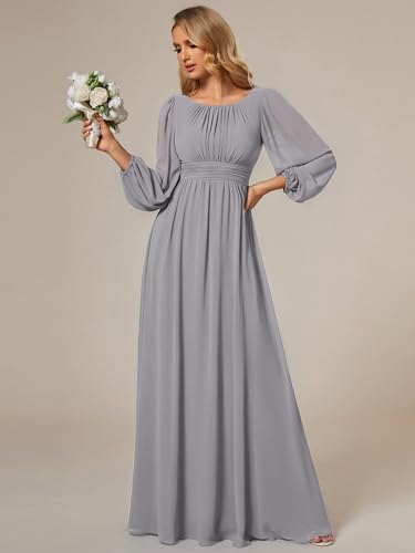 Image of Ever-Pretty Women's Crewneck Long Lantern Sleeves Floor Length A-Line Pleated Chiffon Formal Dress 0106B