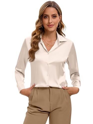 Image of Premium Soft Breathable Stretch Satin Silk Button Down Shirts for Women Long Sleeve Leopard Blouses Work Dress Tops
