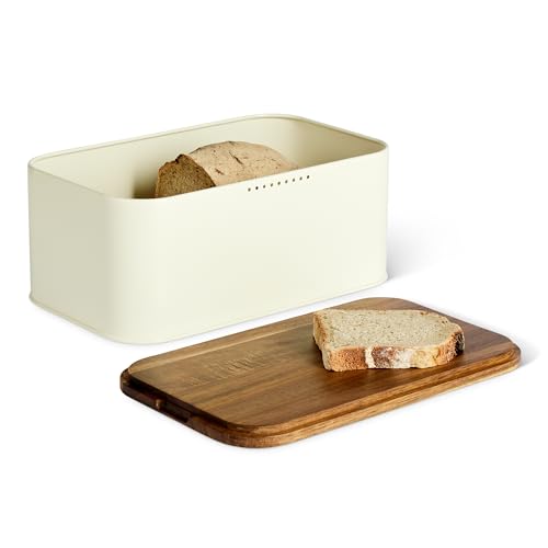 Amazon Basics Boîte à Pain en Acier au Carbone avec Couvercle en Bois d’Acacia, Couvercle Servant Également de Planche à Découper, 30,2 x 18,0 x 13,2cm