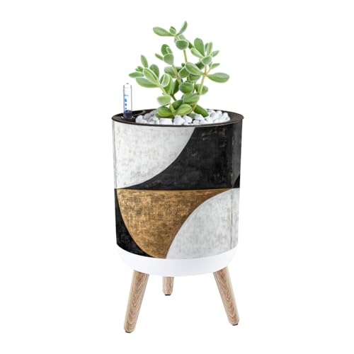 Planter with Stand Black And White Abstract Gold Geometric Shapes Curved Lines Accents 8.6' Self Watering Plant Pot with Legs Water Level Indicator & Water Inlet Lazy Flower Pot Indoor Modern Decor