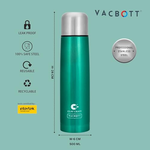Image of Clay Craft VACBOTT Terra Double Walled 18 Hours Hot and 24 Hours Cold Water Bottle-500ML, 2-Piece(Green) Leak Proof|Easy to Carry|Gym Bottle|Home|Kitchen|Hiking|Travel Bottle|BIS Certified