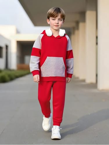 Image of 5-11Y Boys Clothes Long Sleeve Hooded Pullover Colorblock Sweatshirt + Pants 2pcs Fall Winter Outfit Set