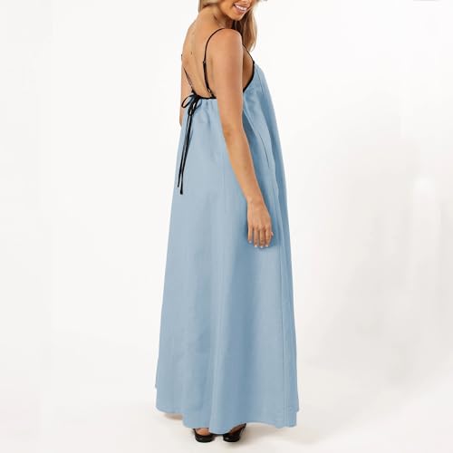 Image of Senllen Women's Linen Dress Summer Loose Flowy Sundress Contrast Spaghetti Strap Sleeveless Backless Beach Maxi Long Dresses