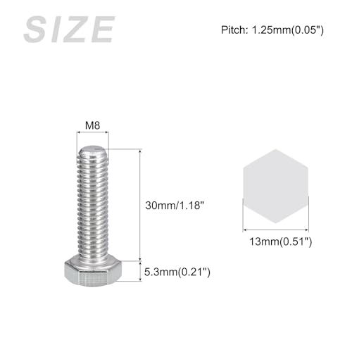 Image of METALLIXITY Hex Bolts (M8-1.25x30mm) 15Pcs, 304 Stainless Steel Coarse Fully Threaded Hex Head Screw Bolt Machine Screws - for Furniture Repair, Silver
