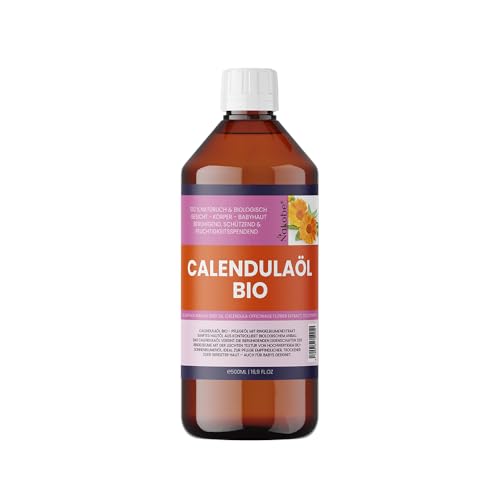 Aceite de caléndula orgánico – 500 ml – Aceite de caléndula natural – 100% puro masaje y aceite para la piel para calmar, regeneración y aromaterapia Nakobe