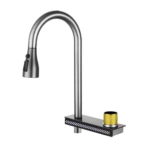 sagetta Brushed Nickel Kitchen Faucets with Pull Down Sprayer Waterfall Raining Wide Out Let Stainless Steel Pull Out Kitchen Faucet 1 Hole Commercial RV Laundry Utility Kitchen Faucet Cover