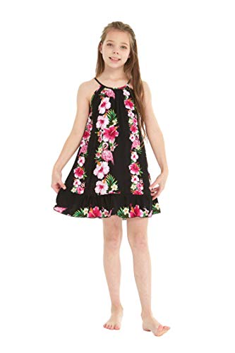 Girl Hawaiian Round Neck Dress in Pink Hibiscus Vine