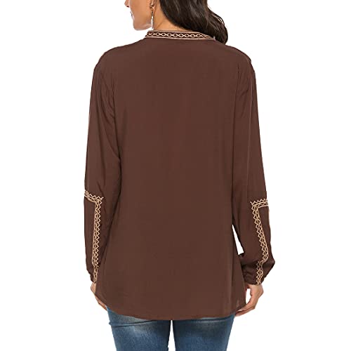 Ak Women's Embroidered Tops Mexican Shirt V Neck Summer Casual Tops Peasant Tunic Loose Blouse (As1, Alpha, M, Regular, Regular, 141-Brown) #TOP4