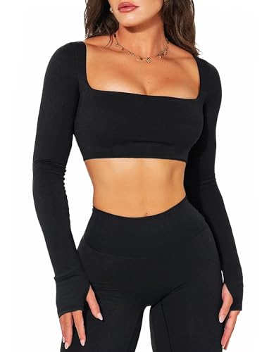 TZLDN Women's Squre Neck Workout Tops Padded Long Sleeve Crop Tops Gym Athletic Sports Yoga Compression Shirts Low Impact