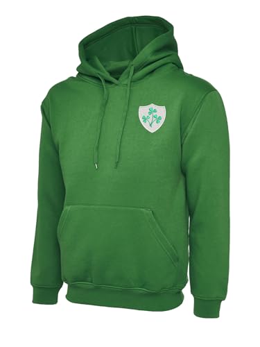Image of Ranks Ireland Rugby Embroidered Hoodie | Irish Clover Shield Crest | Unisex Kelly Green | Six Nations Fan Gift | XS to 6XL (UK, Alpha, 3XL, Regular, Regular)