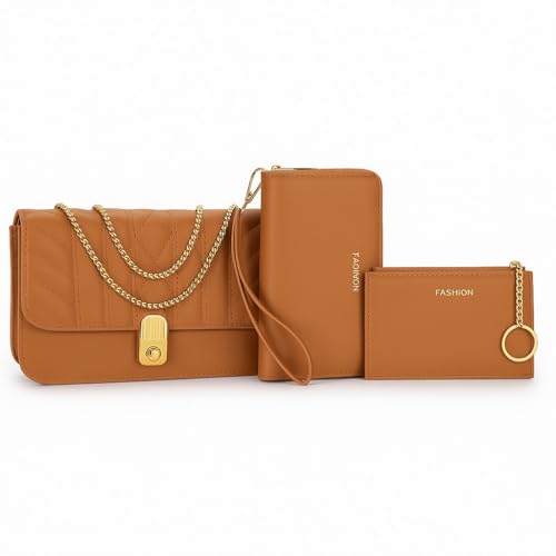 Kit Bolsa feminina 3 em 1, Bolsa Transversal Matelassê com Alça Corrente Dourada, Carteira e Porta-Cartões, Acabamento -Cor Marrom