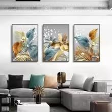 Láminas decorativas modernas con mariposas doradas y hojas, estilo nórdico (75x110cm x 3 / Sin marco)
