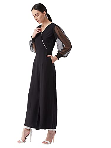 Image of Miss Chase Women's Black Solid Relaxed Fit Long Sleeve V-Neck Ankle-Length Straight Jumpsuit