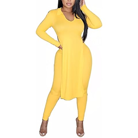 Women's 2 Piece Outfits Ribbed Sweatsuits Long Sleeve Split Tank Tunic Shirts Bodycon High Waist Leggings Pants Tracksuits, Yellow, Large Cover
