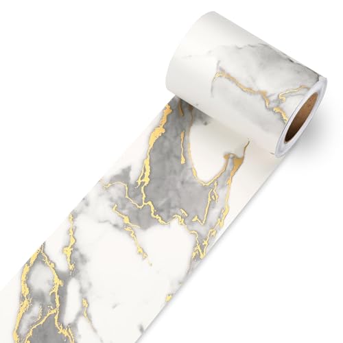 Decotalk Bordure de Papier Peint Frise Murale Adhesive Marbre Blanc et Or 7.6X600cm Vinyle Adhésif Salle de Bain Cuisine Frise Murale Adhésive Bordure du Cadre Miroir...