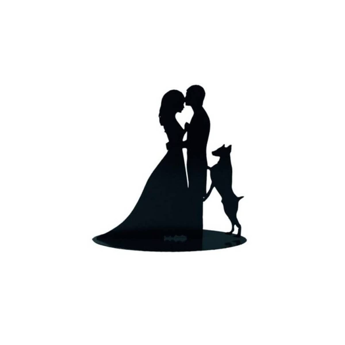 Figura Decorativa de Metal Negra para Tarta de Boda "Novios con Perro". Recuerdos. Decoración. Regalos Originales. Detalles de Bodas, Comuniones, Bautizos, Cumpleaños.DK