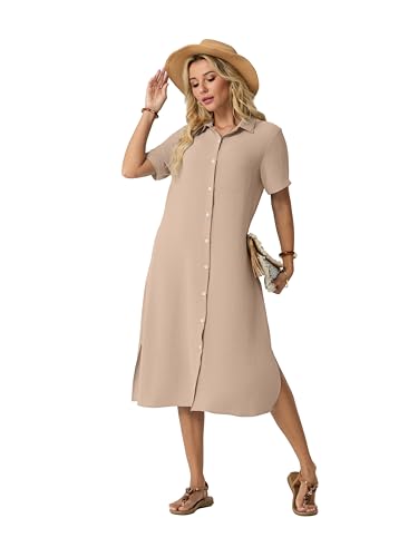 HiMONE Women’s Casual Shirt Dress Button Down Midi Dress Short Sleeve Collared Loose Fit Summer Dress with Pocket Side Slit — view 6