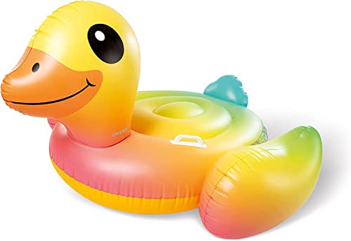 Image of Ride-On Air Inflatable Swimming Ring Float| Children Safety Rider Tube for Kids |Floater Raft Lounger Pool Mattress for Adults with Handles (Age 3+) (Rainbow Duck)