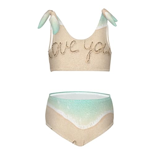 Love You Sandy Blue Beach Girls Swimsuits 2 Piece Swimwear Bikini Set Beach Bathing Suit for Summer Girl Kids 11-12T
