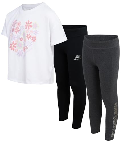 New Balance Girls Leggings Set - 3 Piece Short Sleeve Shirt and Leggings Outfit for Girls - Workout Yoga Pants (Sizes 7-16)