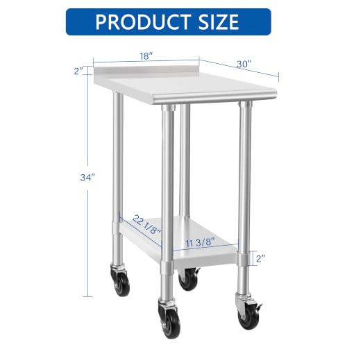 Image of HARDURA Stainless Steel Commercial Work Table with Wheels Prep & Work Metal Table 30x18 Inches Heavy Duty NSF with Casters and 2 inch Backsplash