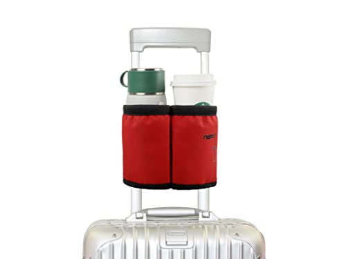Image of riemot Luggage Travel Cup Holder Free Hand Drink Carrier - Hold Two Coffee Mugs - Fits Roll on Suitcase Handles - Gifts for Flight Attendants Travelers Accessories, No Hook & Loop: Red, Without Hook