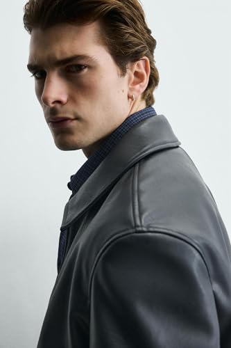 Image of EXOTIX Men's Black Leather Jacket | Collared Zip-Up, Classic Style | Black Crop Leather Jacket | Racing Sports Regular Bomber Collared Jacket for Men