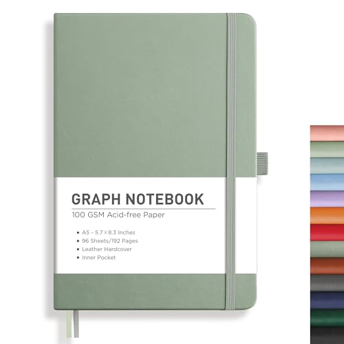 Image of RETTACY Graph Grid Paper Notebook, 192 Pages, A5 Size (5.7'' x 8.3'') | 5 Squares per Inch, Leather Hardcover, 100 GSM Thick Paper, for School, Students, Math, Engineering (Sage Green)