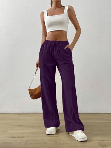 Image of TOPLOT Women's Linen Blend Wide Leg Palazzo Pants | Elastic Drawstring Waist Trousers for Woman | Relaxed Fit Casual Lounge Trousers | Breathable Straight Leg Everyday Bottom Wear (5268)