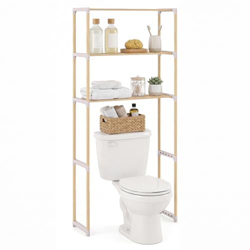 COSTWAY 3-Tier Over The Toilet Rack, Solid Wood Vertical Organizer