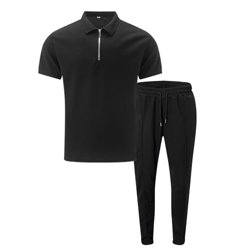 Men's Solid Color Suit Waffle Lapel Short-Sleeved Zipper Long Pants Set,Mens Tracksuit Polo Shirt & Long Pants Set4