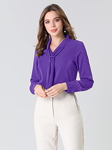 Allegra K Women's Long Sleeve Blouses Chiffon Pleated Tie Neck Office Top Shirt Large Purple #TOP2