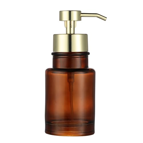 Image of H Halston Amber Glass Foaming Soap Pump Dispenser, Foaming Soap or Liquid handoap compatable, Durable, Refillable, Bathroom and Kitchen Countertop, Bathroom, Home Decor, Amber Glass with Gold Pump top