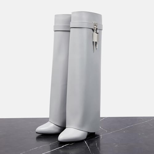 Image of Arqa Knee High Boots Womens Wedge High Heels Shark Boots Fold Over Pull-on Pointed Toe Tall Fashion Boots for Women
